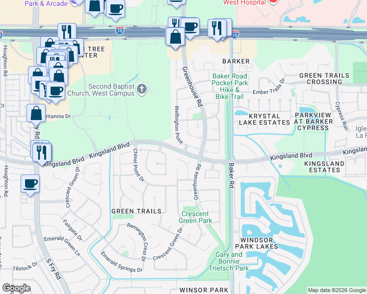map of restaurants, bars, coffee shops, grocery stores, and more near 626 Wellington Point in Houston