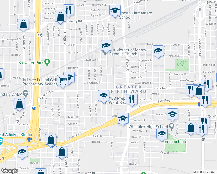 map of restaurants, bars, coffee shops, grocery stores, and more near 1604 Benson Street in Houston
