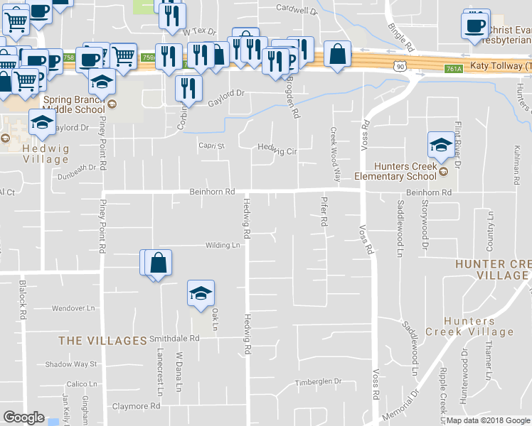map of restaurants, bars, coffee shops, grocery stores, and more near 10951 Beinhorn Road in Houston