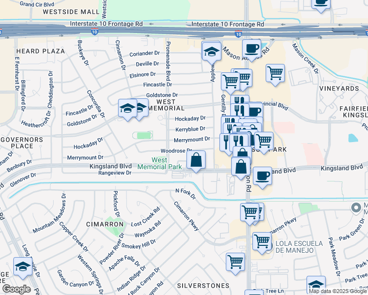 map of restaurants, bars, coffee shops, grocery stores, and more near 22206 Woodrose Drive in Katy