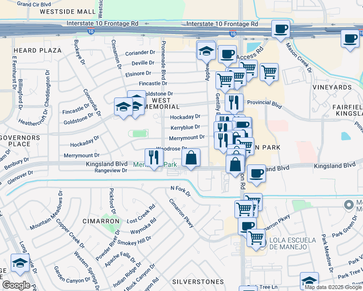 map of restaurants, bars, coffee shops, grocery stores, and more near 22206 Woodrose Drive in Katy