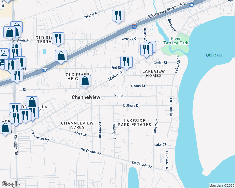 map of restaurants, bars, coffee shops, grocery stores, and more near 16309 1st Street in Channelview