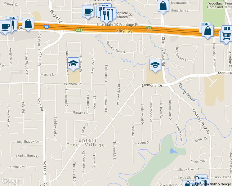 map of restaurants, bars, coffee shops, grocery stores, and more near 725 West Creekside Drive in Houston