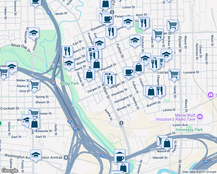 map of restaurants, bars, coffee shops, grocery stores, and more near 609 Hogan Street in Houston