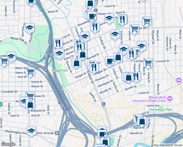 map of restaurants, bars, coffee shops, grocery stores, and more near 609 Hogan Street in Houston