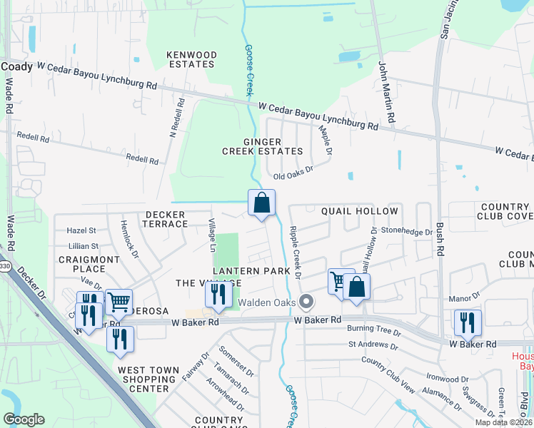 map of restaurants, bars, coffee shops, grocery stores, and more near 4812 Coachman Drive in Baytown