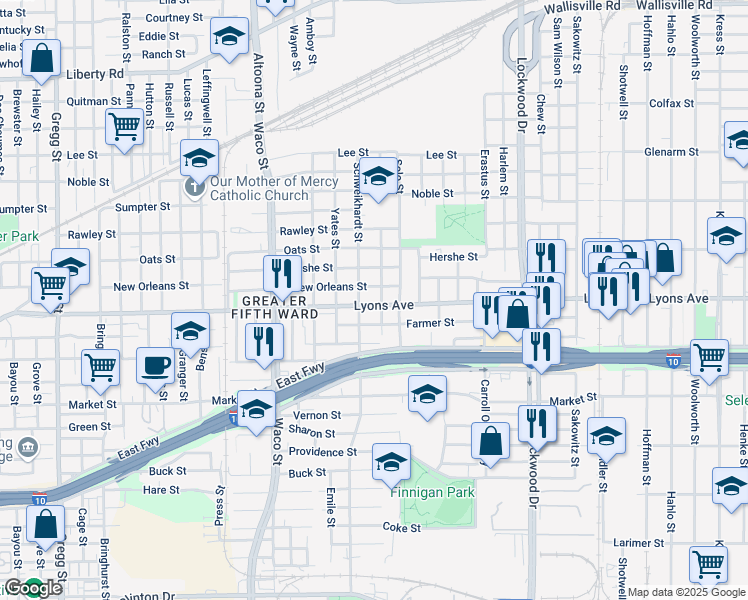 map of restaurants, bars, coffee shops, grocery stores, and more near 4719 Lyons Avenue in Houston