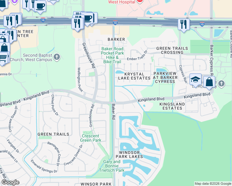 map of restaurants, bars, coffee shops, grocery stores, and more near 706 Kingsmark Drive in Houston