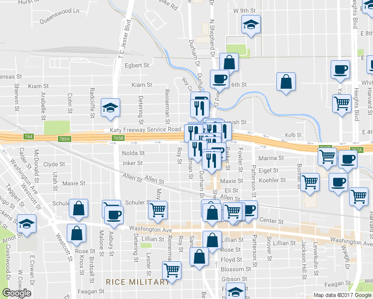 map of restaurants, bars, coffee shops, grocery stores, and more near 5006 Nolda Street in Houston
