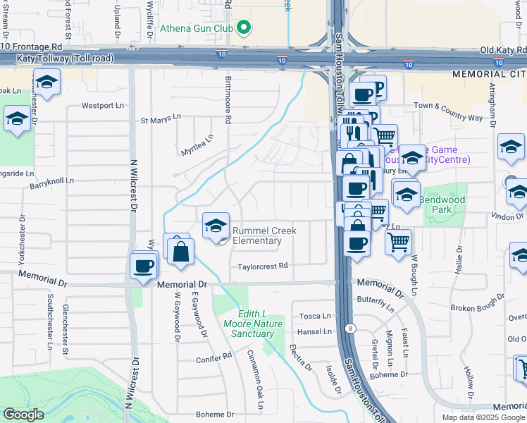 map of restaurants, bars, coffee shops, grocery stores, and more near 702 Cinnamon Oak Lane in Houston