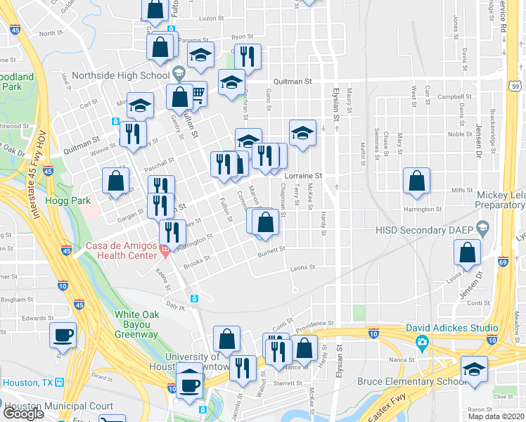 map of restaurants, bars, coffee shops, grocery stores, and more near 1217 Harrington St in Houston