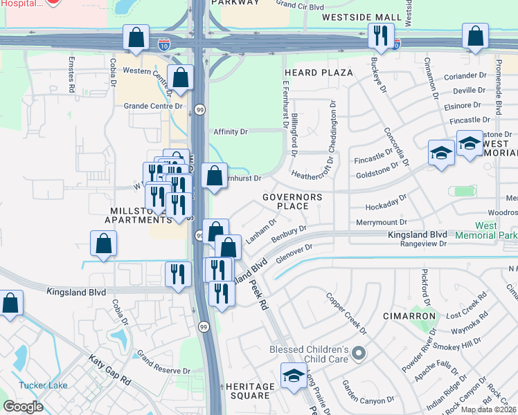 map of restaurants, bars, coffee shops, grocery stores, and more near 23002 Chelsen Bridge Lane in Katy