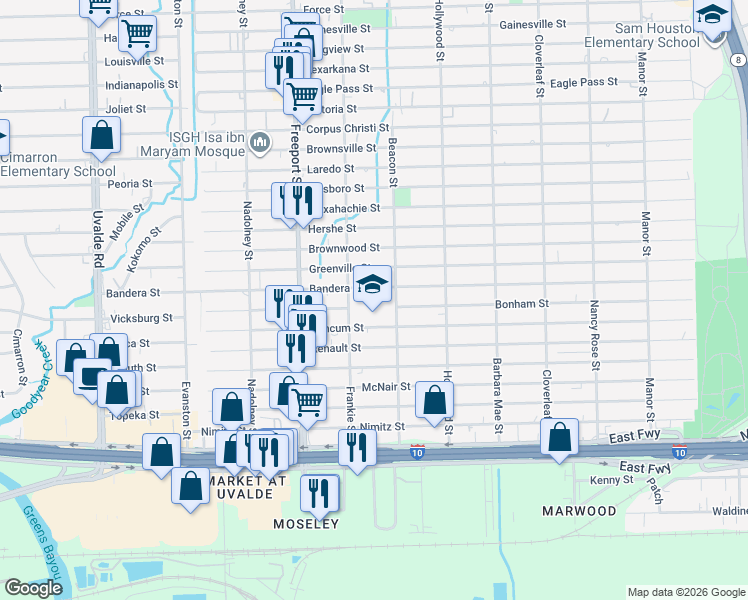 map of restaurants, bars, coffee shops, grocery stores, and more near 1002 Frankie Street in Houston