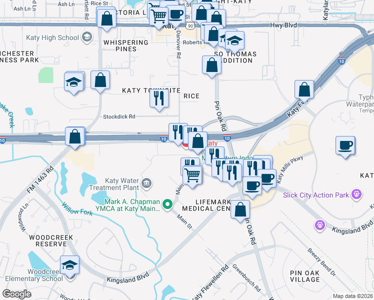 map of restaurants, bars, coffee shops, grocery stores, and more near 25765 Katy Freeway in Katy