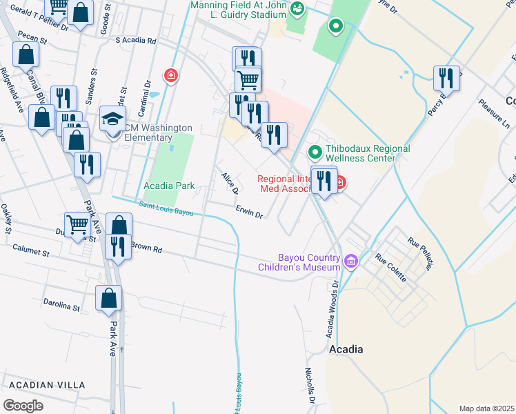 map of restaurants, bars, coffee shops, grocery stores, and more near 201-215 Erwin Drive in Thibodaux