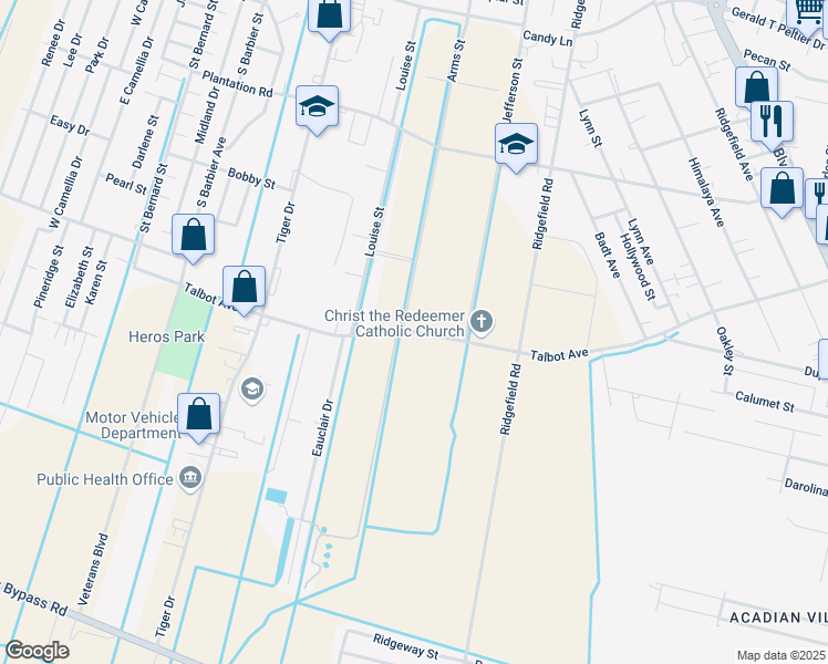 map of restaurants, bars, coffee shops, grocery stores, and more near 915 Talbot Avenue in Thibodaux