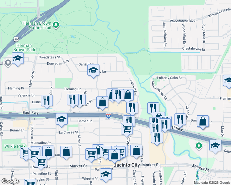 map of restaurants, bars, coffee shops, grocery stores, and more near 11019 Fleming Drive in Houston