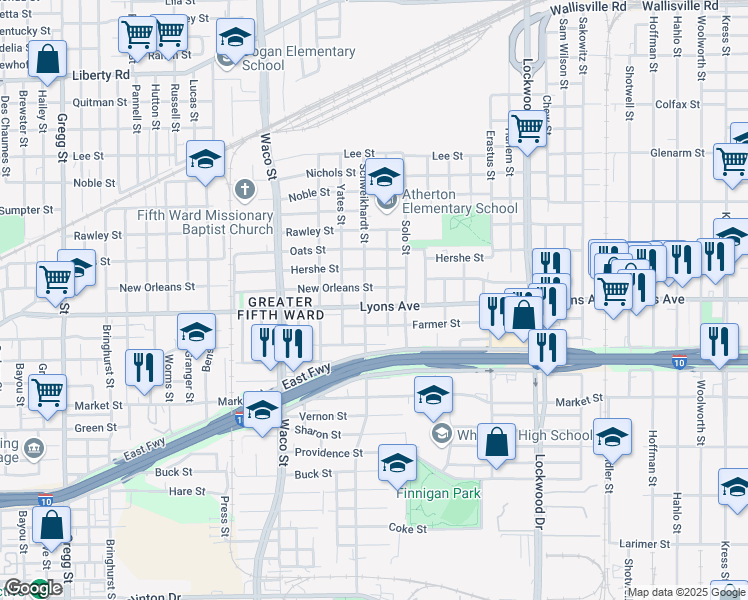 map of restaurants, bars, coffee shops, grocery stores, and more near 4719 Lyons Avenue in Houston