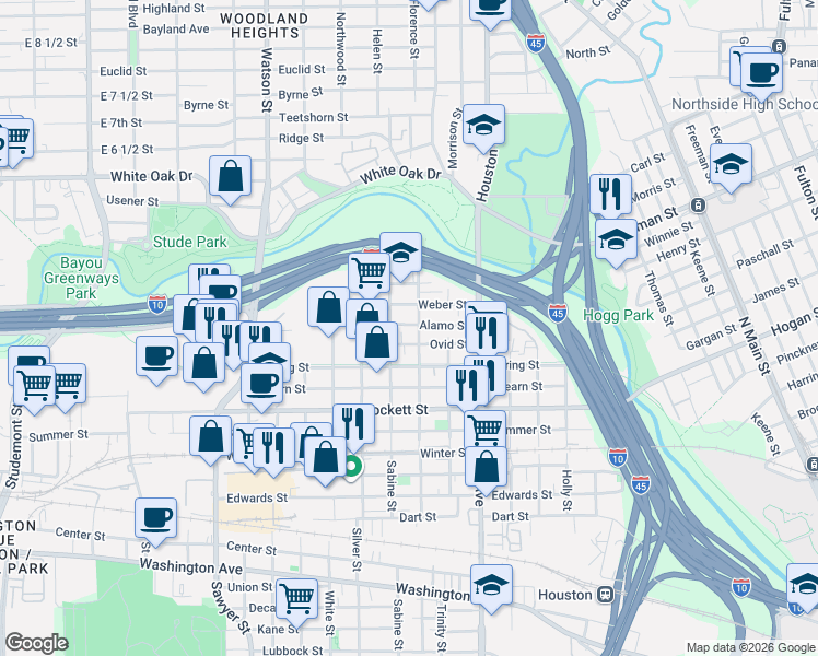 map of restaurants, bars, coffee shops, grocery stores, and more near 1617 Alamo Street in Houston