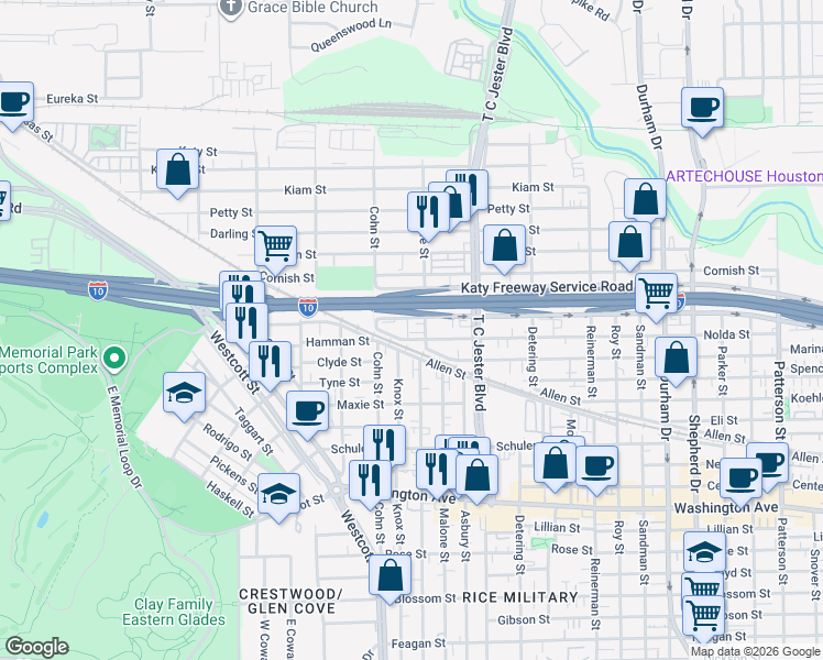 map of restaurants, bars, coffee shops, grocery stores, and more near 5529 Katy Freeway in Houston