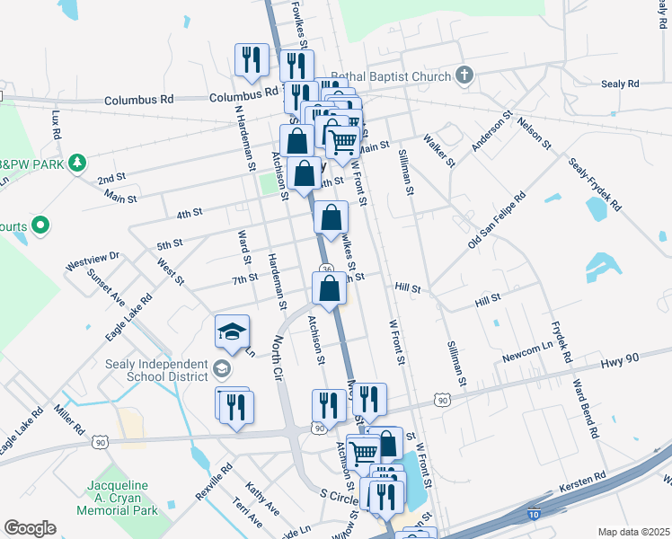 map of restaurants, bars, coffee shops, grocery stores, and more near 720 Meyer St in Sealy