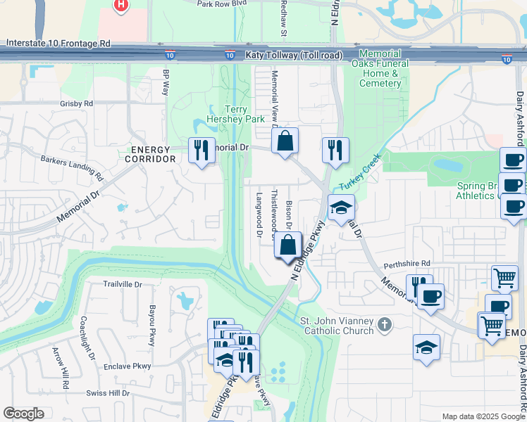map of restaurants, bars, coffee shops, grocery stores, and more near 738 Langwood Drive in Houston