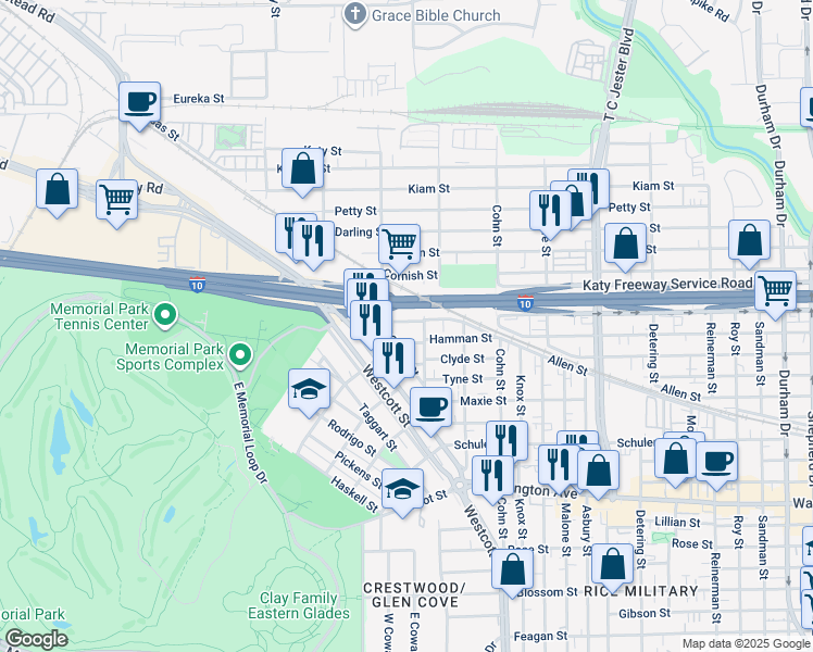 map of restaurants, bars, coffee shops, grocery stores, and more near 6311 Stillman Street in Houston