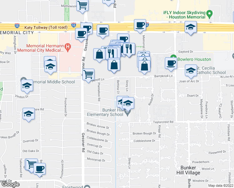 map of restaurants, bars, coffee shops, grocery stores, and more near 675 Bettina Court in Houston