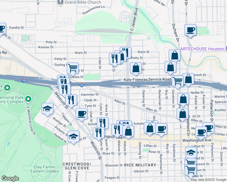 map of restaurants, bars, coffee shops, grocery stores, and more near in Houston
