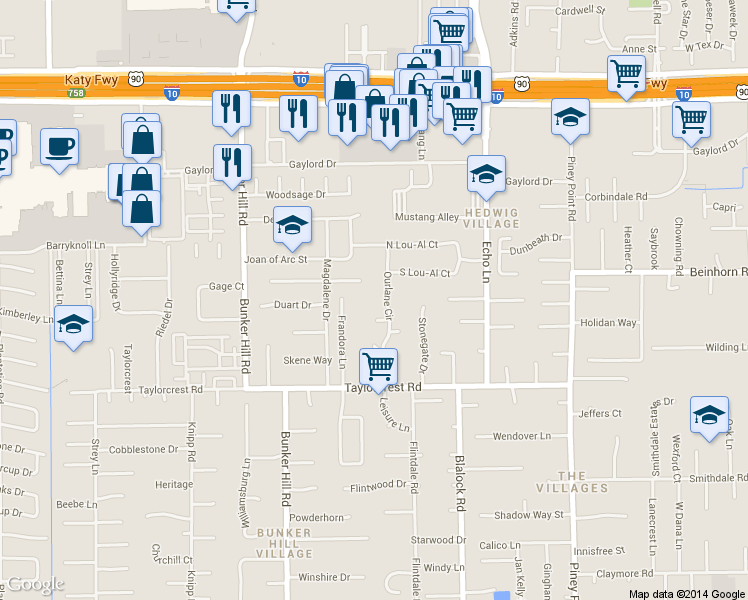 map of restaurants, bars, coffee shops, grocery stores, and more near 825 Ourlane Circle in Houston