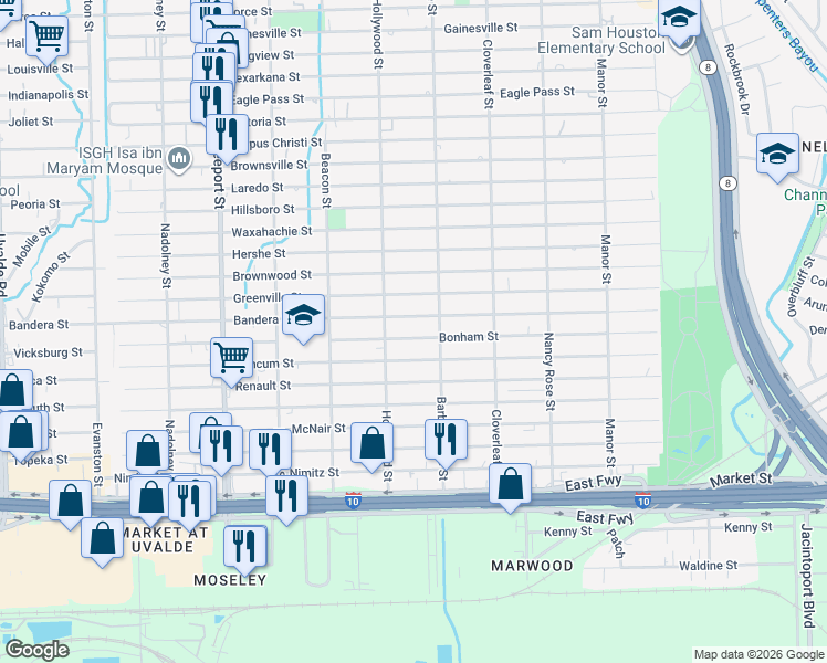 map of restaurants, bars, coffee shops, grocery stores, and more near 14227 Bonham Street in Houston