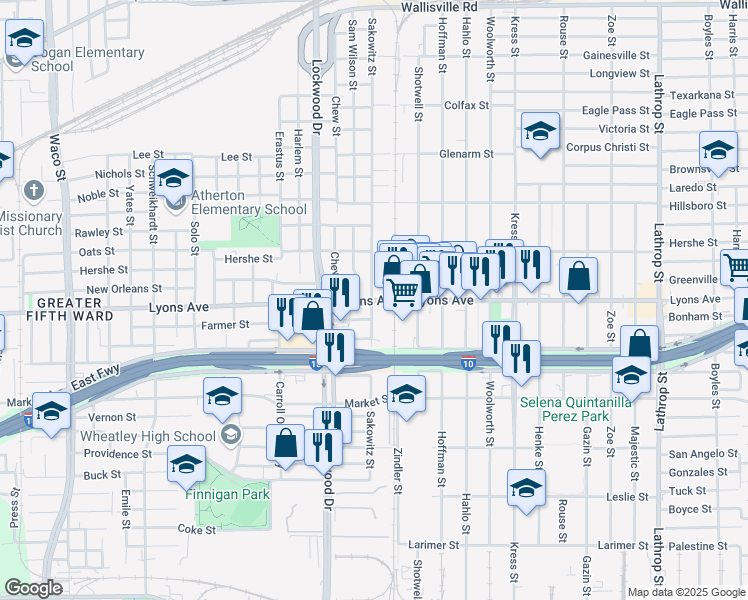 map of restaurants, bars, coffee shops, grocery stores, and more near 5802 Lyons Avenue in Houston