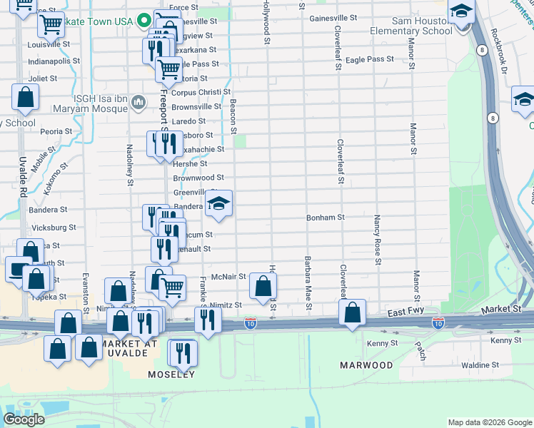 map of restaurants, bars, coffee shops, grocery stores, and more near 14139 Bonham Street in Houston