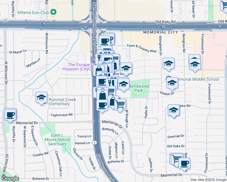 map of restaurants, bars, coffee shops, grocery stores, and more near 2400 Town and Country Boulevard in Houston