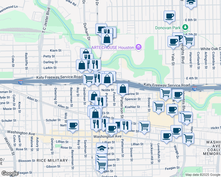 map of restaurants, bars, coffee shops, grocery stores, and more near 4602 Nolda Street in Houston