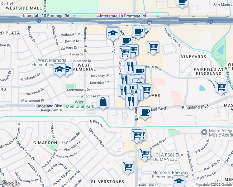map of restaurants, bars, coffee shops, grocery stores, and more near 511 Applewhite Drive in Katy