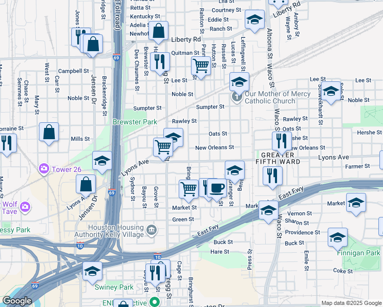 map of restaurants, bars, coffee shops, grocery stores, and more near 1614 Bringhurst Street in Houston