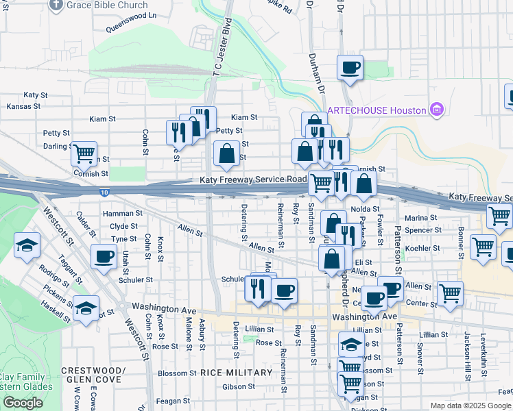 map of restaurants, bars, coffee shops, grocery stores, and more near 5235 Katy Freeway in Houston