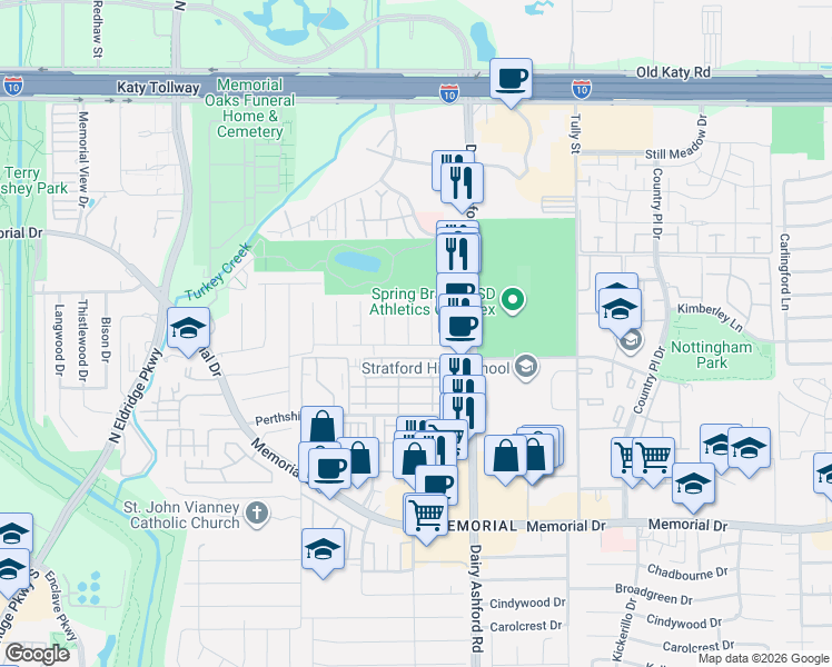 map of restaurants, bars, coffee shops, grocery stores, and more near 806 Pinesap Drive in Houston