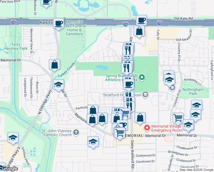 map of restaurants, bars, coffee shops, grocery stores, and more near 807 Thicket Ln in Houston