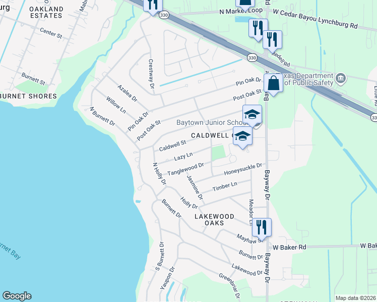 map of restaurants, bars, coffee shops, grocery stores, and more near 115 Lazy Lane in Baytown