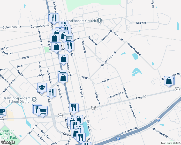 map of restaurants, bars, coffee shops, grocery stores, and more near 804 Silliman Street in Sealy
