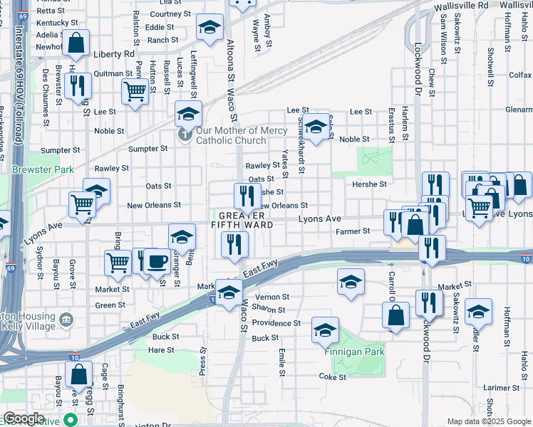 map of restaurants, bars, coffee shops, grocery stores, and more near 4439 Lyons Avenue in Houston