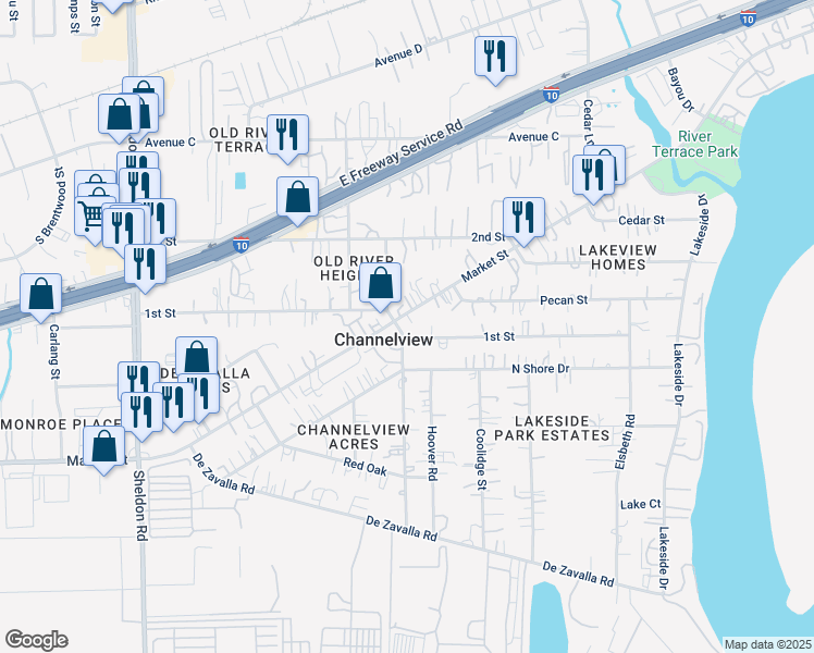 map of restaurants, bars, coffee shops, grocery stores, and more near 16204 Market Street in Channelview