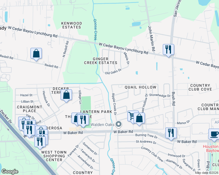 map of restaurants, bars, coffee shops, grocery stores, and more near 5001 Ripple Creek Drive in Baytown