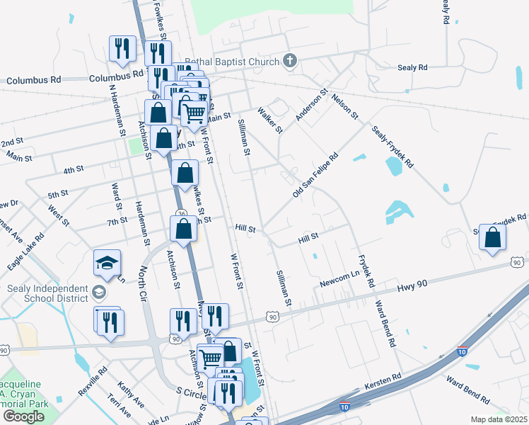 map of restaurants, bars, coffee shops, grocery stores, and more near 804 Silliman Street in Sealy