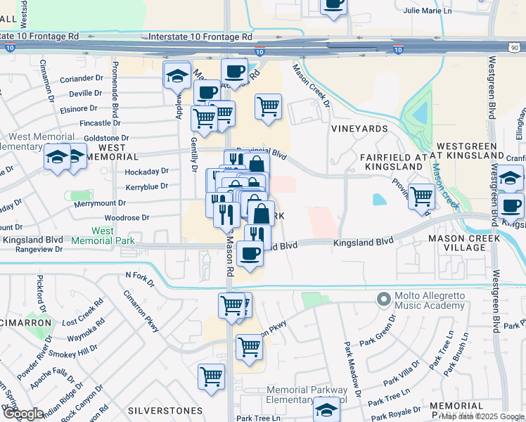 map of restaurants, bars, coffee shops, grocery stores, and more near 531 South Mason Road in Katy