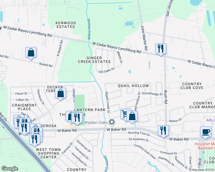map of restaurants, bars, coffee shops, grocery stores, and more near 5001 Ripple Creek Dr in Baytown