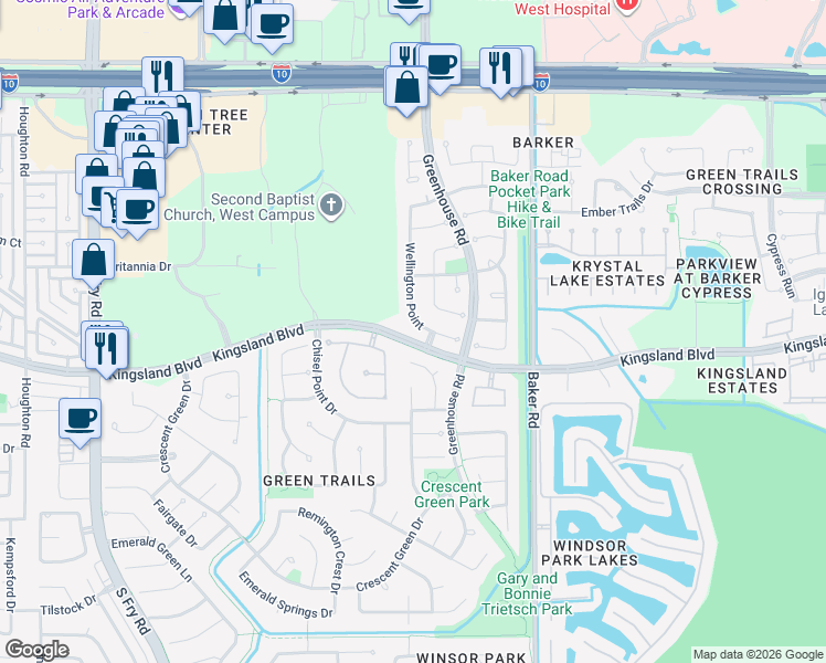 map of restaurants, bars, coffee shops, grocery stores, and more near 626 Wellington Point in Houston