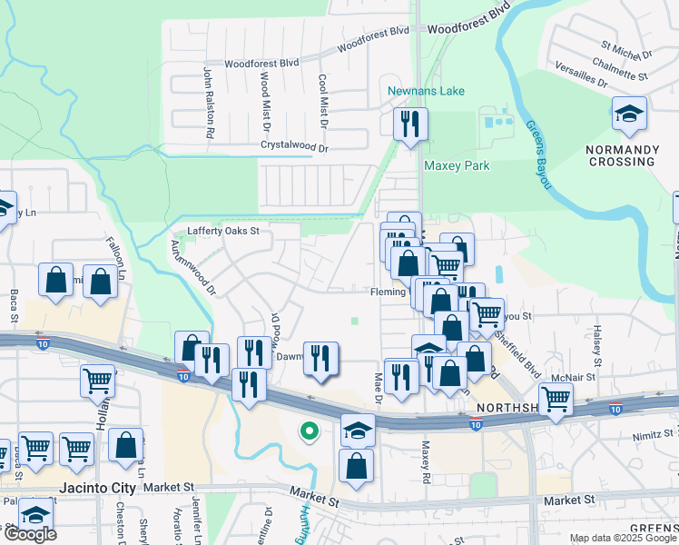 map of restaurants, bars, coffee shops, grocery stores, and more near 12221 Fleming Drive in Houston
